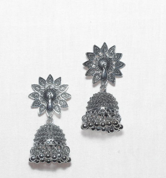 Jhumka with a peacock motif in the center